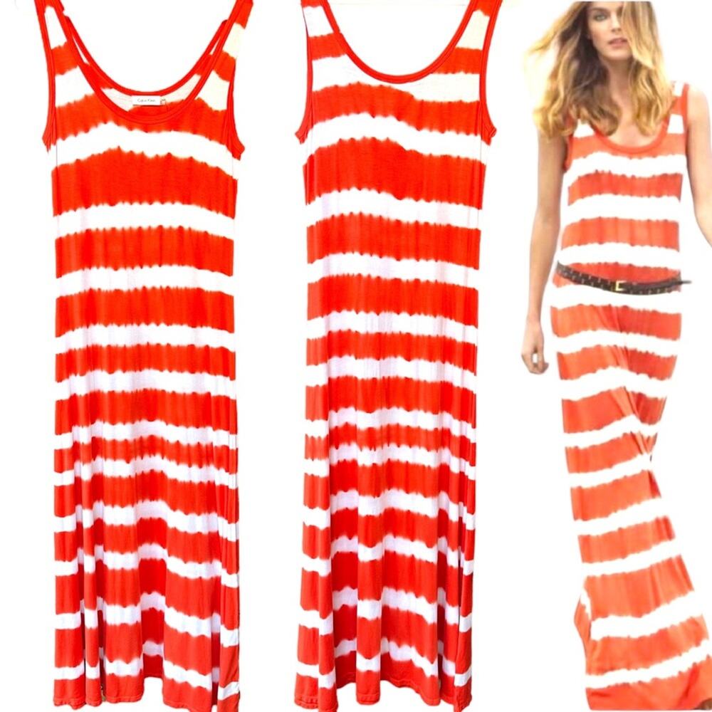 Calvin Klein Striped Maxi Dress Sleeveless Scoop
Neck Size 6 Casual Orange White
